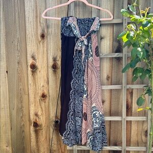 Boho Tie-Front Skirt in Blue Designs with Deep red. Stretchy Waste. OS, XS-M